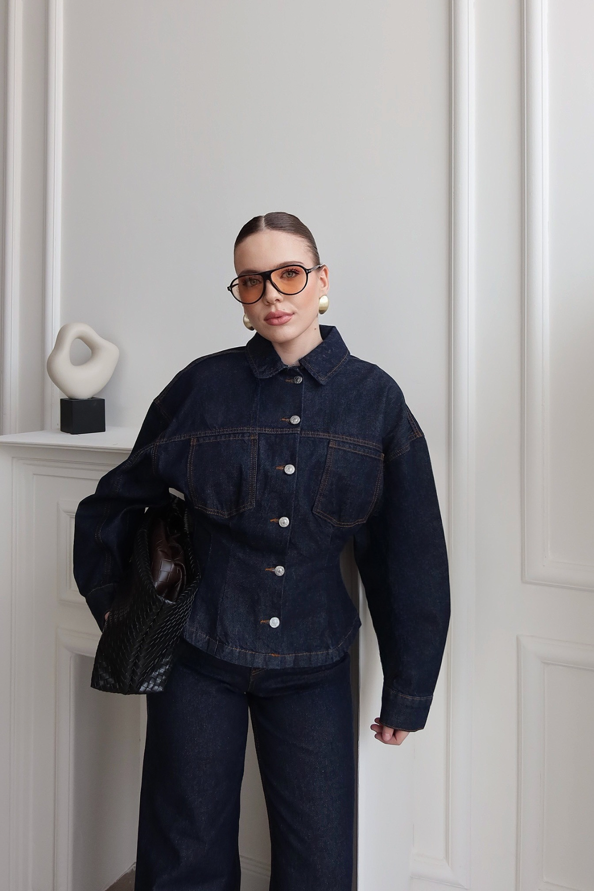 Belden Oturtmalı Denim Ceket Takım Lacivert