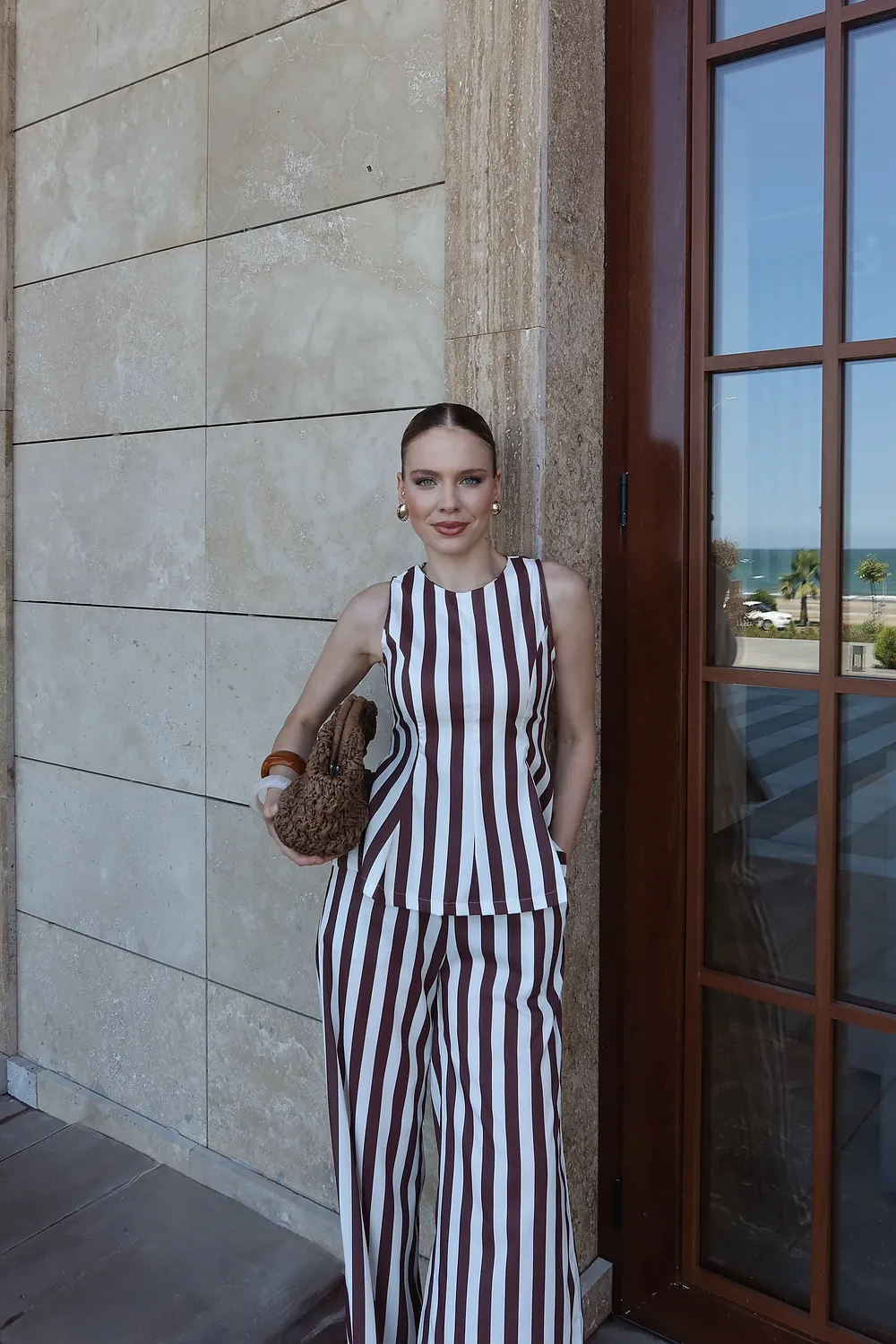 Viral Model Çizgili Takım Kahverengi